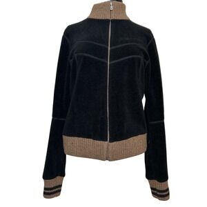 Bogner Fire + Ice Black Fleece Zip Up Jacket Brown Trim Wool Blend Ski Vintage